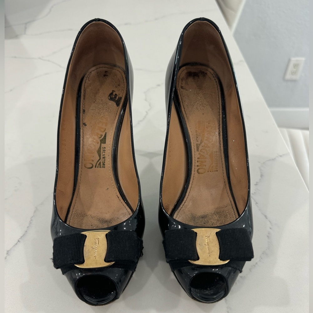 Salvatore Ferragamo Peep Toe Patent Leather Heel